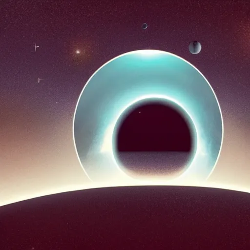 Image similar to A beautiful conceptual art of a black hole. This hole appears to be a portal to another dimension or reality, and it is emitting a bright, white light. There are also stars and other celestial objects around it. by Mike Winkelmann, by Goro Fujita