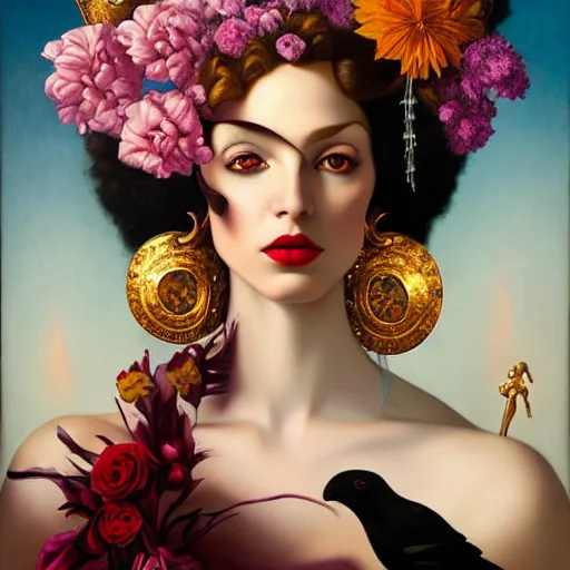 Image similar to dynamic composition, a painting of a woman with hair of flowers and raven plummage wearing ornate earrings, a surrealist painting by tom bagshaw and jacek yerga and tamara de lempicka and jesse king, featured on cgsociety, pop surrealism, surrealist, dramatic lighting, wiccan, pre - raphaelite, ornate gilded details