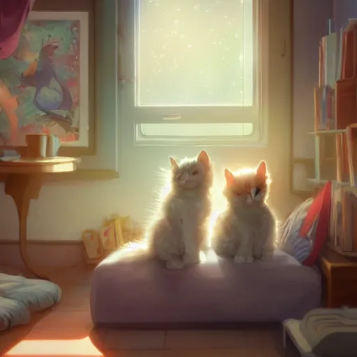 Prompt: kittens in a room. animal. digital art. artstation. realistic. vibrant. illustration. in the style of pixar movie. art by makoto shinkai, stanley artgerm lau, wlop, rossdraws. volumetric lighting.