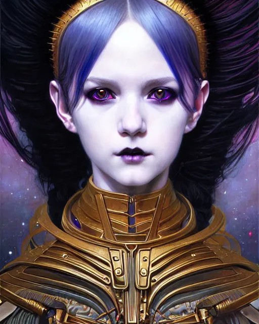 Image similar to portrait of beautiful cute young goth maiden girl with short white hairs in warhammer armor, art by ( ( ( kuvshinov ilya ) ) ) and wayne barlowe and gustav klimt and artgerm and wlop