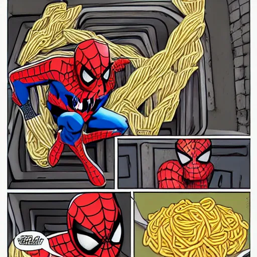 Prompt: spider - man lost in a labyrinth of pasta