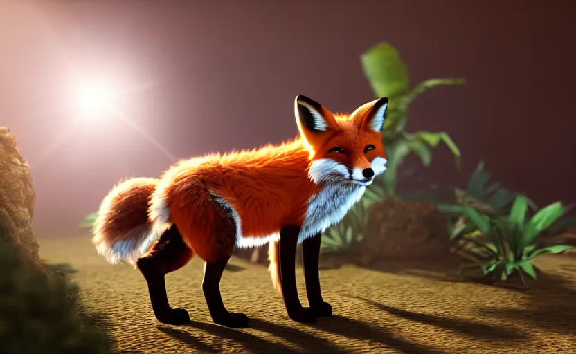 Image similar to a fox in a dessert oasis. daylight. sunlight. lens flare. light fixtures. apunkalypse. 8K. detailed. photorealism. artstation. 35mm. ultra realistic