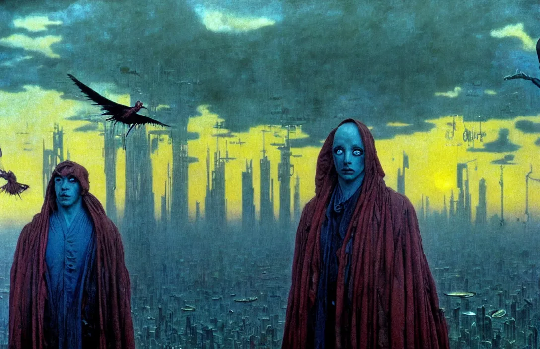 Image similar to realistic detailed portrait movie shot of a birdman wearing dark ragged robes, futuristic city sunset landscape background by denis villeneuve, amano, yves tanguy, alphonse mucha, ernst haeckel, max ernst, roger dean, ridley scott, dynamic closeup composition, rich moody colours, blue eyes