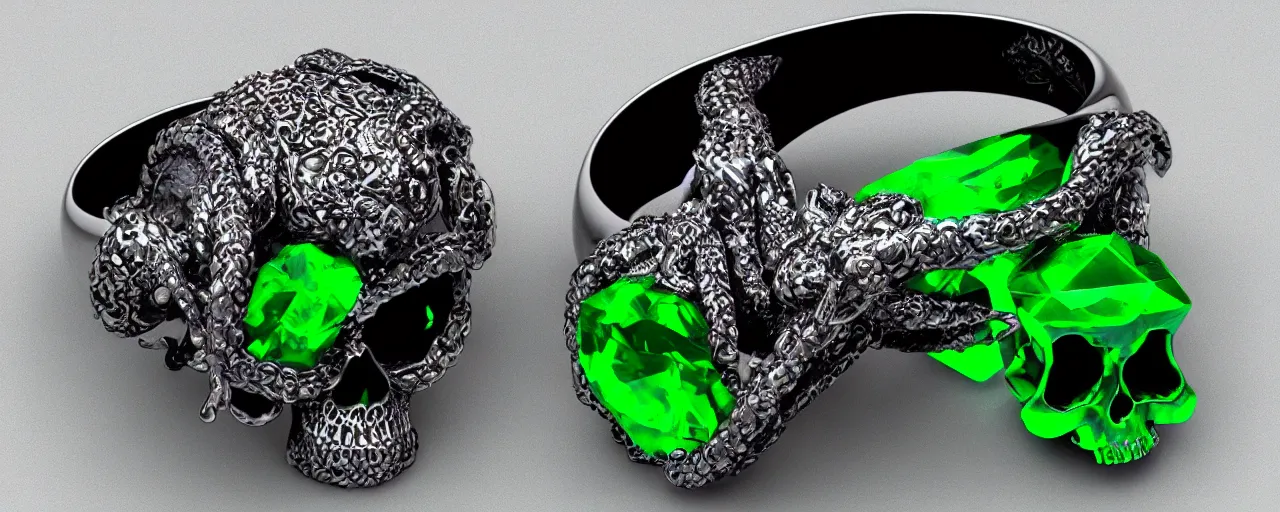 Prompt: simple magic ring of poison, ring, skull, tentacles, green, black, purple. smooth shank, crystals, engravings, product design, jewelry, colorful, art by gerald brom, greg rutkowski and artgerm, photo realism, unreal engine, c 4 d