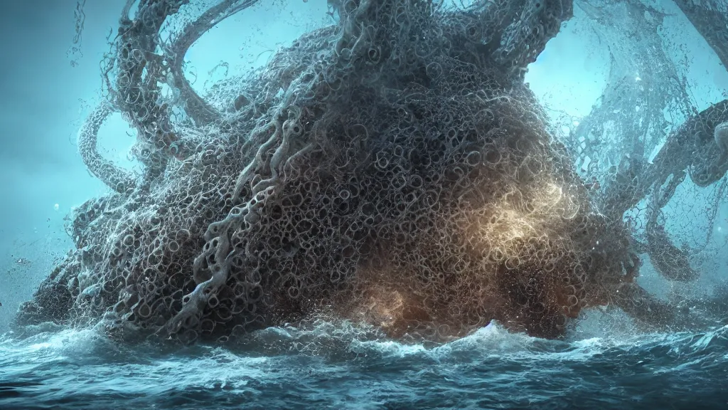 Image similar to a huge tentacled monster of the deep emerges out of the crashing waves to attack a small fishing boat, horror, trending on artstation, rendered in octane, global illumination