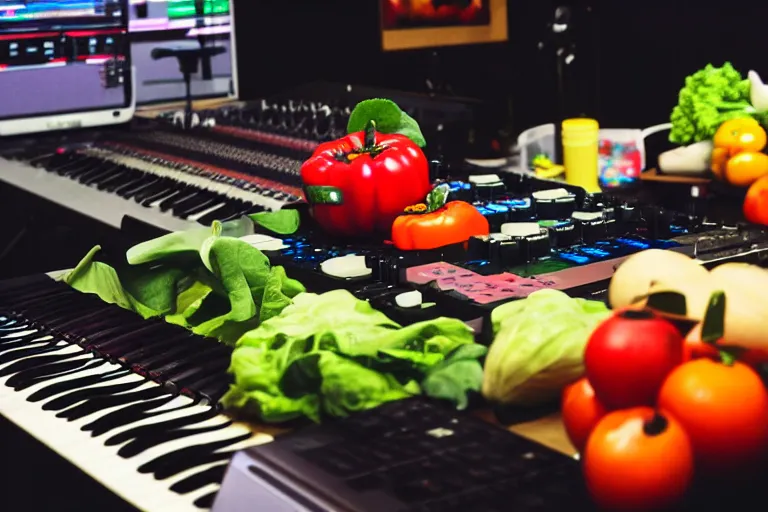 Image similar to film still of fresh fruits and vegetables with arms and legs making beats in the studio on an mpc