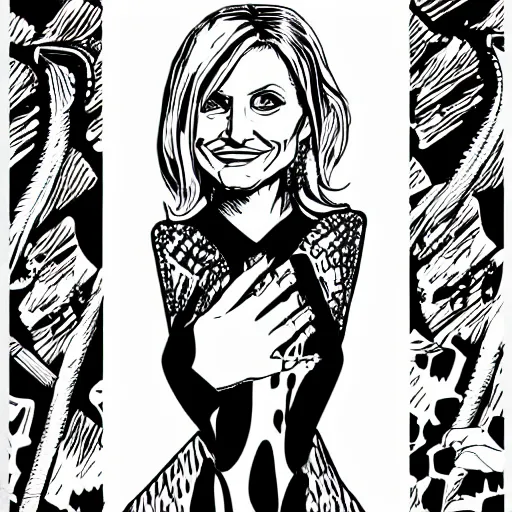 Prompt: mcbess illustration of cameron diaz at the met gala