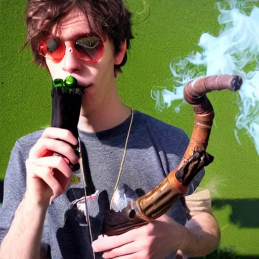 Image similar to goblin e - boy smoking a long weird pipe