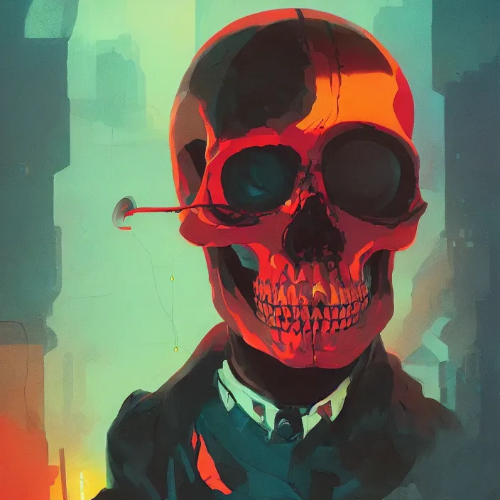 Prompt: a colorful comic noir illustration painting of a cyberpunk skull by sachin teng, sergey kolesov, greg rutkowski, rene magritte. in style of digital art. hyper detailed, sharp focus, soft light. octane render. ray tracing. trending on artstation