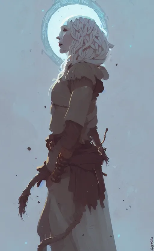Prompt: female celtic druid by atey ghailan, by greg rutkowski, by simon stalenhag, by greg tocchini, by james gilleard, by joe fenton, by kaethe butcher dynamic lighting, gradient light blue, brown, blonde cream and white color scheme, grunge aesthetic