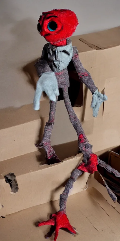 Image similar to a cute and creepy dusty puppet with glowing red eyes coming out of a shoe box full of scraps