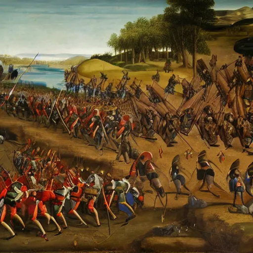 Prompt: a renaissance painting of a line of pikemen moving into battle, taken from the front.