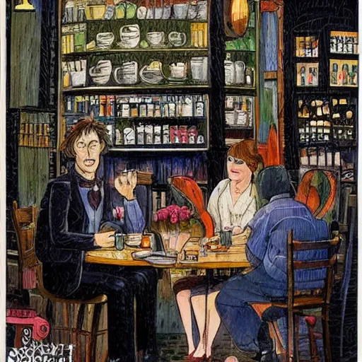 Image similar to busy cafe in a rainy victorian city, neil gaiman