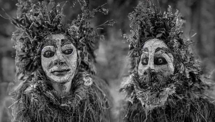 Image similar to portrait of a tyrolean folklore mask, dolomite, forest, wearing hay coat, with horns, eerie, flowers growing out of his body, detailed intricate insanely detailed octane render, 8k artistic 1920s photography, black and white, grainy, photorealistic, chiaroscuro, by David Cronenberg, Raphael, Caravaggio