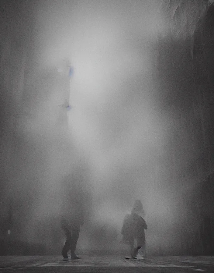 Image similar to very low - resolution found footage of a couple escaping in the city from a starfish kaiju monster, fog, foggy, korean film noir, monochrome, red hue, thriller, underdeveloped, epic, dramatic