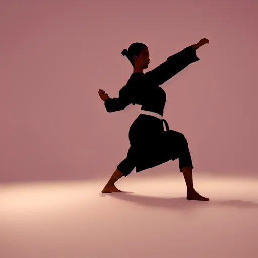 Image similar to a beautiful woman preforming karate, super detailed, hyper realism, ambient lighting, cinematic lighting,