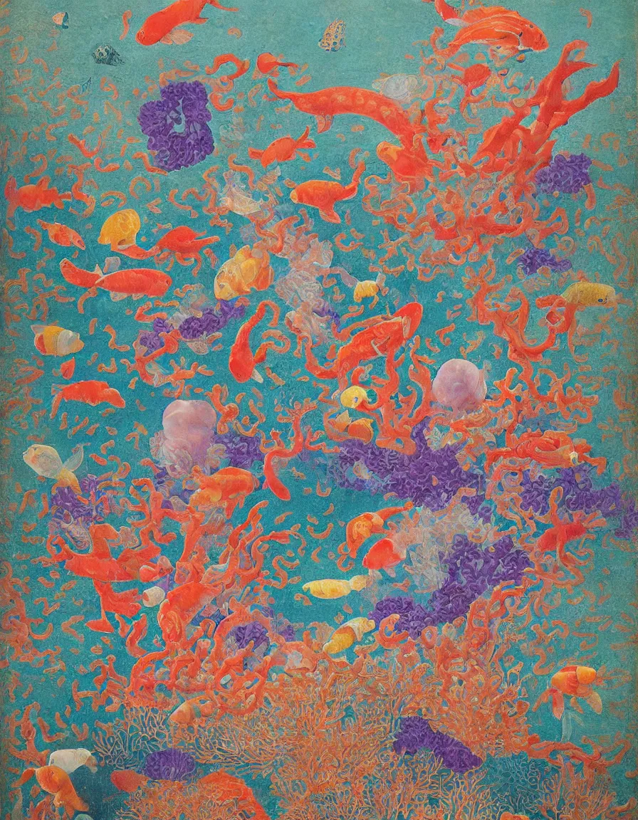 Prompt: transparent vase of coral in the sky and under the sea decorated with a dense field of stylized scrolls that have opaque purple outlines, with colorful shells and koi fishes, ambrosius benson, oil on canvas, hyperrealism, light color, no hard shadow, around the edges there are no objects