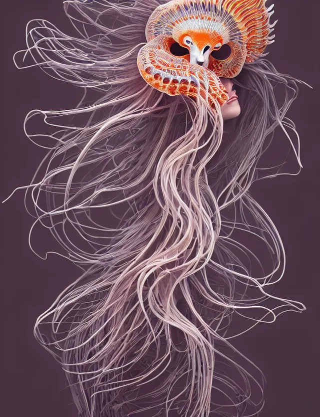 Image similar to 3 d goddess jellyfish half - turn portrait with long hair with ram skull. beautiful intricately detailed japanese crow kitsune mask and clasical japanese kimono. betta fish, jellyfish phoenix, bio luminescent, plasma, ice, water, wind, creature, artwork by tooth wu and wlop and beeple and greg rutkowski