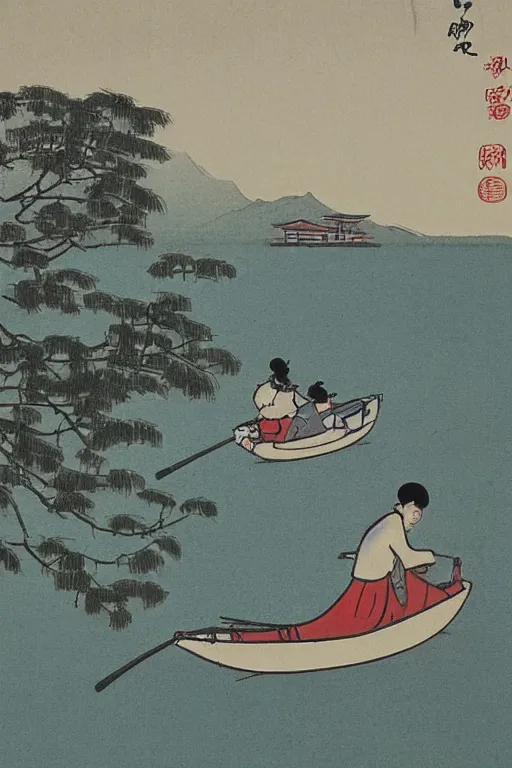 Prompt: A cartoon scenery of West Lake by Feng Zikai.