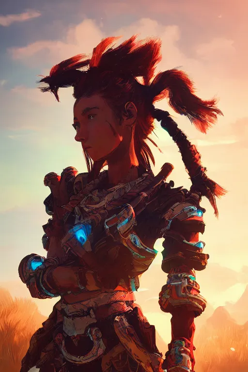 Image similar to combination suit armor aloy horizon forbidden west horizon zero dawn radiating a glowing aura global illumination ray tracing hdr fanart arstation by ian pesty and alena aenami artworks in 4 k tribal robot ninja mask helmet backpack