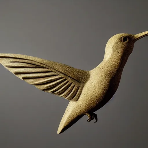 Image similar to intricate hummingbird carved from sandstone, photograph, studio lighting