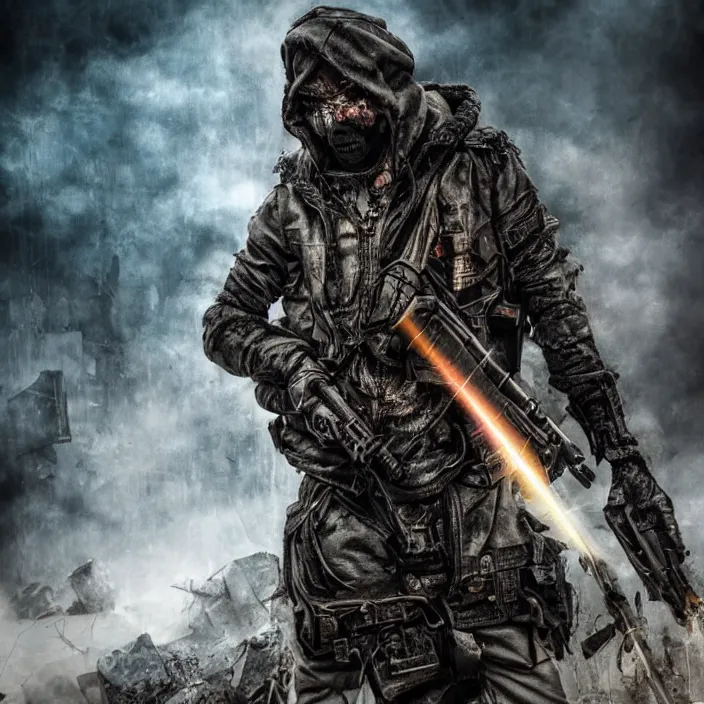 Image similar to gritty hooded apocalyptic man shouldering laser - rifle surrounded by destroyed machine, hyper - detailed, sharp focus, 4 k ultra hd, fantasy dark art, apocalyptic art