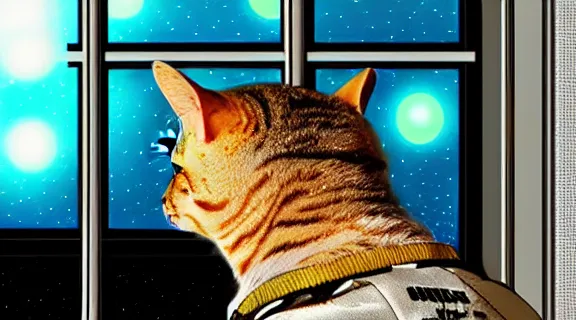 Image similar to cat seen from behind wearing a spacesuit in a space station watching the stars trough a large window, digital painting, dramatic lighting, highly detailed, artstation, concept art