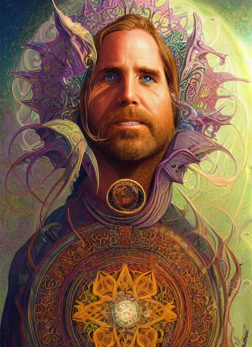 Image similar to duncan trussell, shamanic poster lsd art, intricate, elegant, highly detailed, centered, digital painting, artstation, concept art, smooth, sharp focus, illustration, artgerm, tomasz alen kopera, peter mohrbacher, donato giancola, joseph christian leyendecker, wlop, frank frazetta