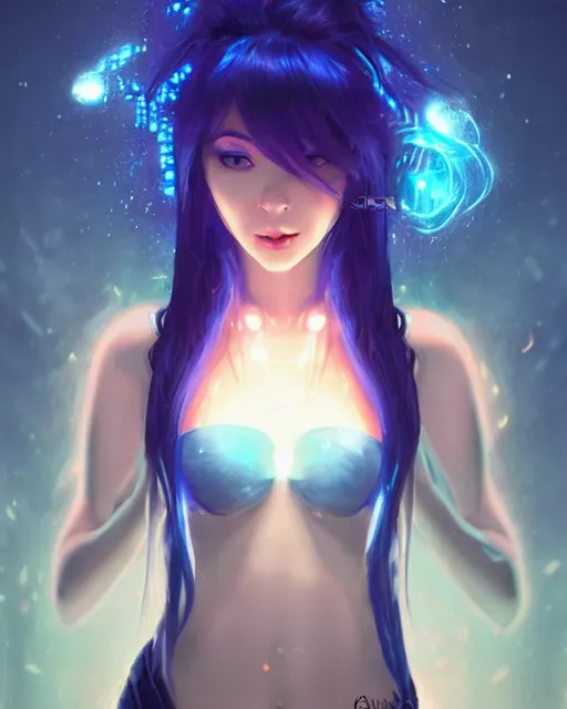 Prompt: stunningly beautiful female blue hair, dj sura, laser lights background, sharp focus, digital painting, 8 k, concept art, art by wlop, artgerm, greg rutkowski and alphonse mucha