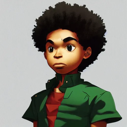 Prompt: Portrait of Huey freeman from the boondocks , Graceful body structure,cute,Symmetrical face,highly detailed,elegant,Marc Simonetti and Caspar David Friedrich, Trending on artstation