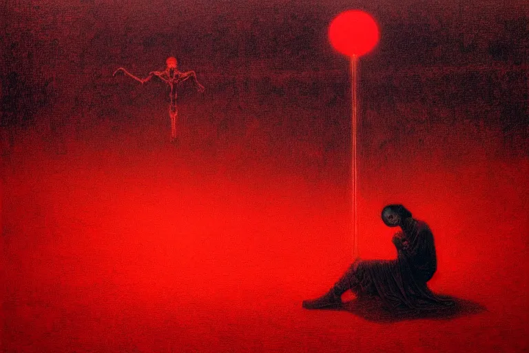 Image similar to only with red, a red shinigami eat apple, mars in background, an ancient path, in the style of beksinski, part by hopper, part by rodcenko, part by hofbauer, intricate composition, red by caravaggio, insanely quality, highly detailed, masterpiece, red light, artstation