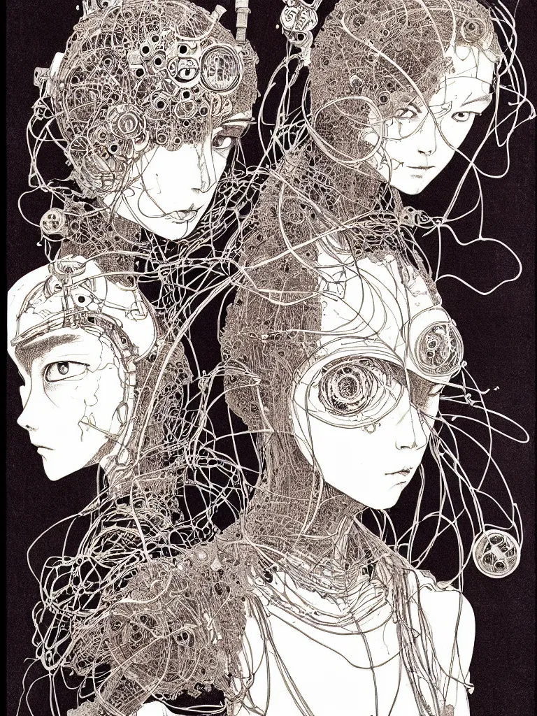 Prompt: prompt: Fragile looking portrait of female character, portrait face drawn by Katsuhiro Otomo, inspired by folklore, alchemical artifacts and mysterious entities, cyborg and wire details, clean ink detailed line drawing, intricate detail, manga 1990