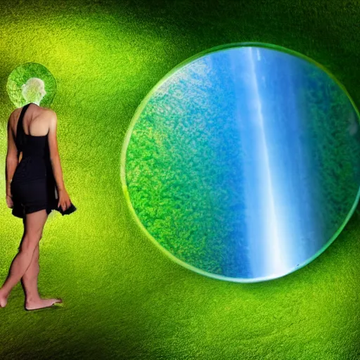 Prompt: human form showing visible refraction against a lush landscape high definition photography