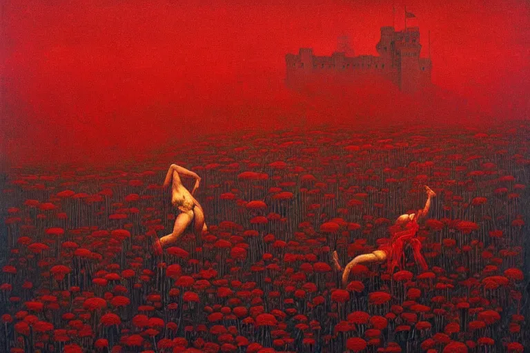 Image similar to only with red, red flowers of different types, a red tiger, a castle in the background, medieval demons dance over the flowers, an ancient path, in the style of beksinski, part by hopper, part by rodcenko, part by hofbauer, intricate composition, red by caravaggio, insanely quality, highly detailed, masterpiece, red light, artstation