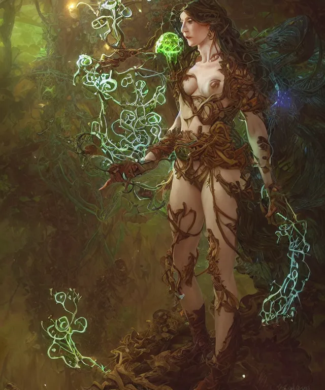 Image similar to a woman spore druid with leaf and vine themed clothing, fully clothed, glowing energy, D&D, fantasy, intricate, cinematic lighting, highly detailed, digital painting, artstation, concept art, smooth, sharp focus, illustration, art by Artgerm and Greg Rutkowski and Alphonse Mucha