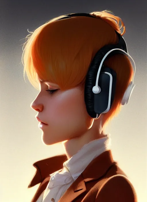 Image similar to ultradetailed beautiful panting of a stylish young lady wearing a brown foxgirl suit with headphones, dramatic, he has blond hair, distressed, volumetric light, by greg rutkowski, ilya kuvshinov, james jean, makoto shinkai, on artstation