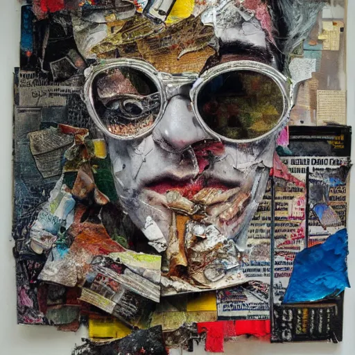 Prompt: detailed analogue mixed media collage with canvas texture in style of contemporary art, punk art, hyperrealistic hunter s. thompson, photorealistic, expressionism, masterpiece, perfect composition, spectacular quality, intricate oil details, vivid broken glass, torn paper, magazine pages