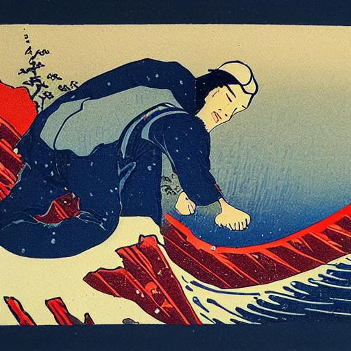 Image similar to man snowboarding woodblock print, style of hokusai, fine art, style of kanagawa, painting