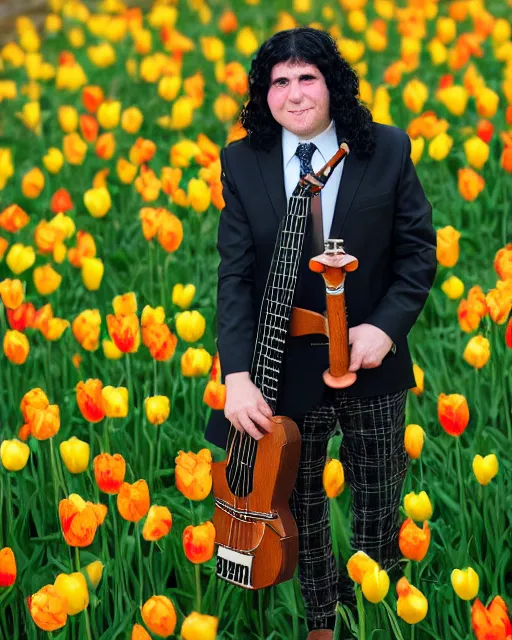 Prompt: tiny tim with long curly black hair wearing a plaid suit tiptoes thru the tulips holding his ukelele full portrait shot by mandy jurgens, wow, just had his hair did, can you beleive that haircut?, 4k,