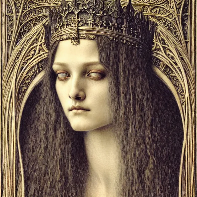 Image similar to detailed realistic beautiful young medieval queen face portrait by jean delville, gustave dore and marco mazzoni, art nouveau, symbolist, visionary, gothic, pre - raphaelite. horizontal symmetry