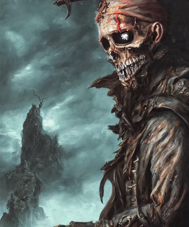 Image similar to ultra realistic color portrait painting of an undead 1 7 th century pirate with a sword in a grotto, dark, painted, brooding, atmospheric, seascape, horror, smooth, epic, highly detailed, cinematic, by keith parkinson