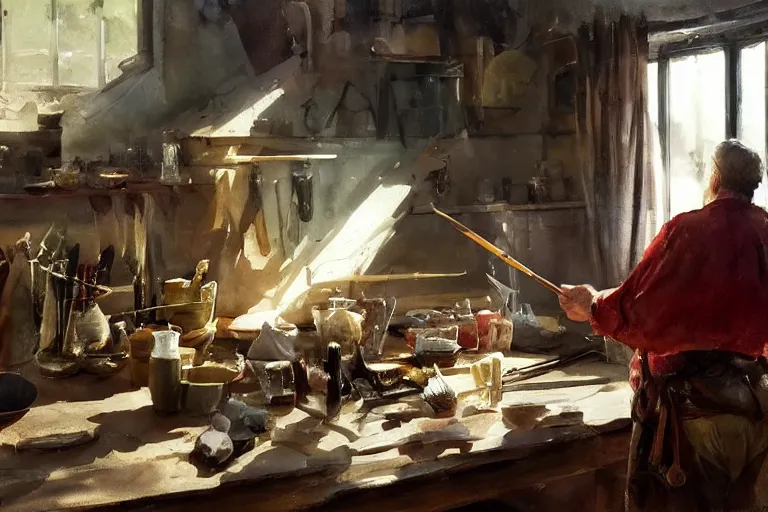 Prompt: paint brush strokes, abstract watercolor painting of medieval workbench, cloth, backlit western scene, art by hans dahl, by jesper ejsing, art by anders zorn, wonderful masterpiece by greg rutkowski, cinematic light, american romanticism by greg manchess, creation by tyler edlin