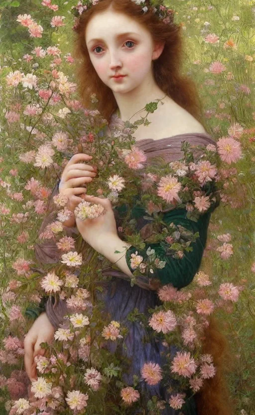 Image similar to a realistic oil painting of a girl resembling lily cole, covered in tons of flowers, highly detailed, intricate, detailed background, fairytale, artstation, by mucha, by william adolphe bouguereau, by waterhouse