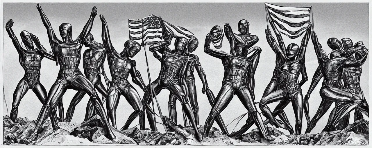 Image similar to androids raising the flag on iwo jima in the style of alex grey and hr giger