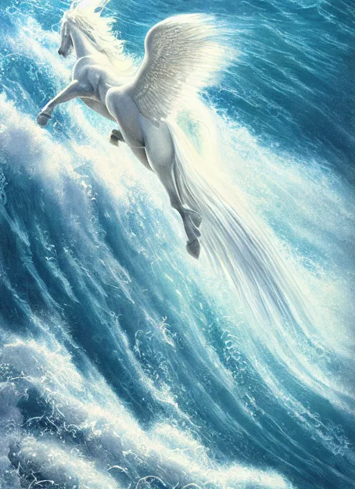 Image similar to pegasus runing through ocean wave, exquisite details, denoised, mid view, byi by alan lee, norman rockwell, makoto shinkai, kim jung giu, poster art, game art