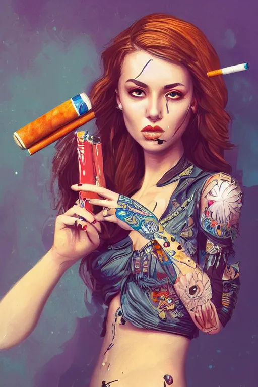 Image similar to full body painting of a girl smoking a cigarette and holding a pistol, cute face, intricate, highly detailed, digital painting, official media, concept art, rich vivid colors, ambient lighting, sharp focus, illustration