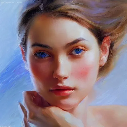 Image similar to extreme close - up of a beautiful woman's face, morning, highly detailed, ultrarealistic oil painting, vladimir volegov, artstation