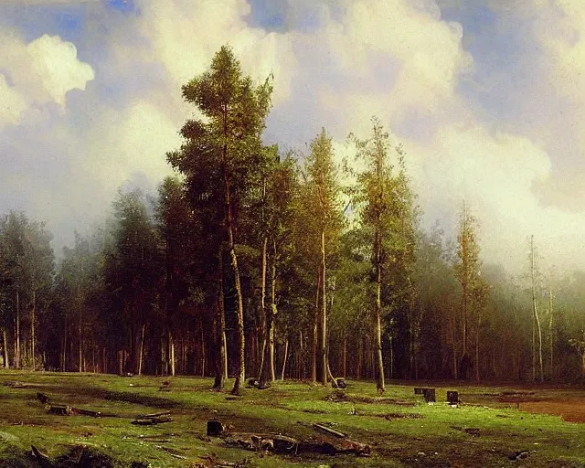 Image similar to beautiful matte painting of cute soviet block of flats hrushevka in end of forest by ivan shishkin and aivazovsky