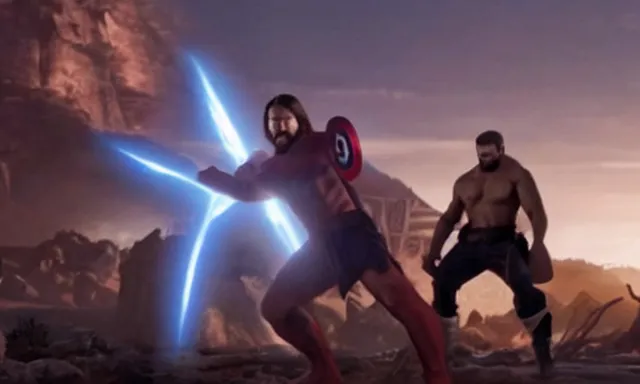 Image similar to jesus christ fighting alongside the avengers, using his cross as weapon, photorealistic, cinematic lighting, extremely detailed, marvel cinematic universe