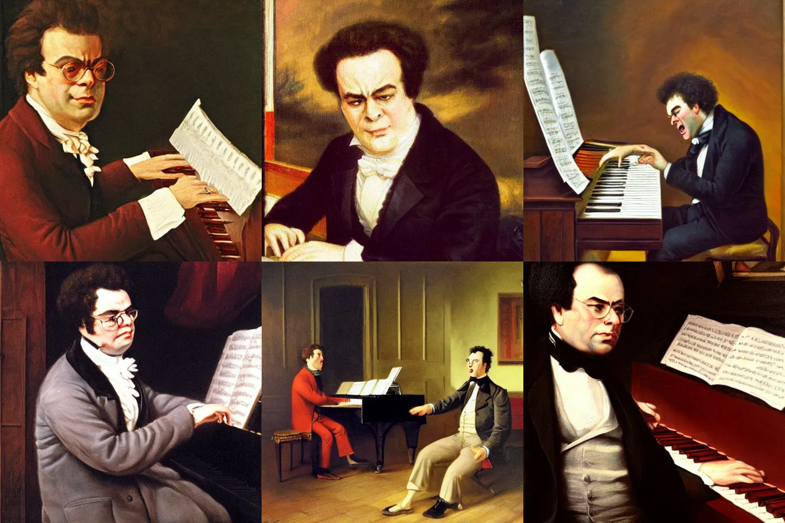 Prompt: angry franz schubert playing piano and screaming, a very detailed oil painting, by josef kriehuber, classical oil painting